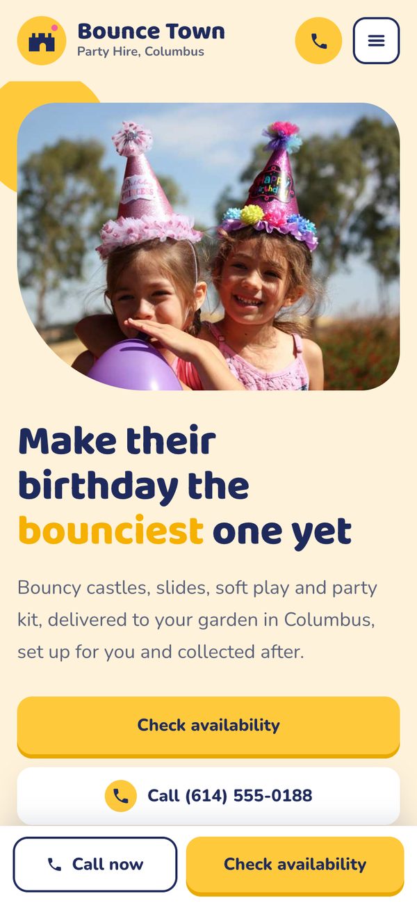 Bounce Town Party Hire sample design on a phone